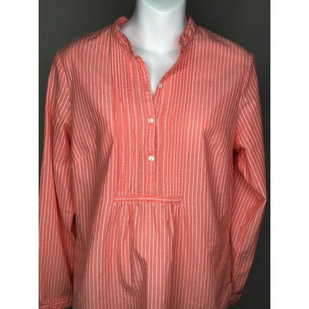 LL Bean‎ Womens Sz M Coral White Striped Pintuck Pleated Tunic Casual Beach Boho